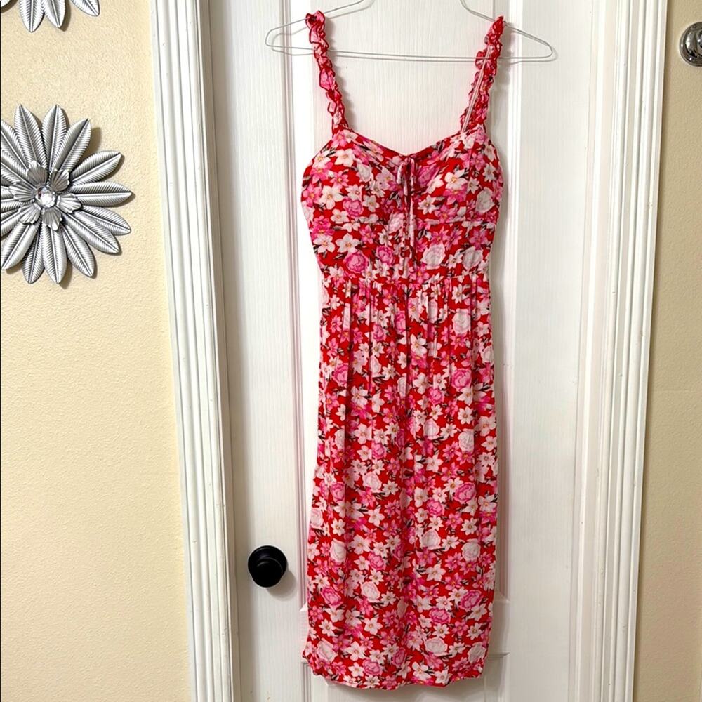 Auw red pink floral Summer casual rouched  dress w/ bra size M